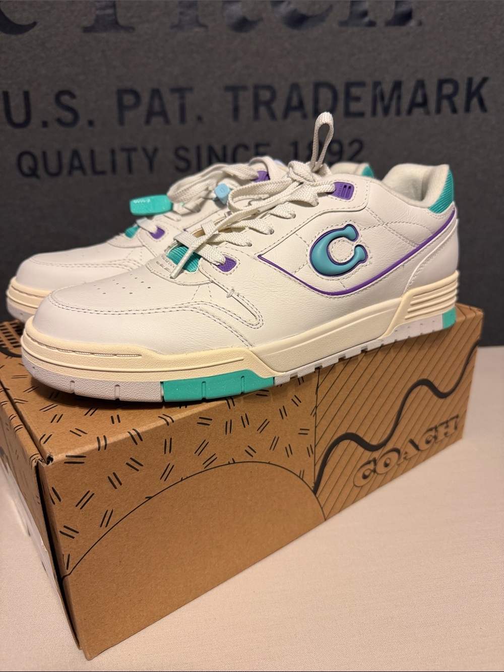 New Men’s Coach  White 90’s SOHO Sneakers with Teal & Purple Accents